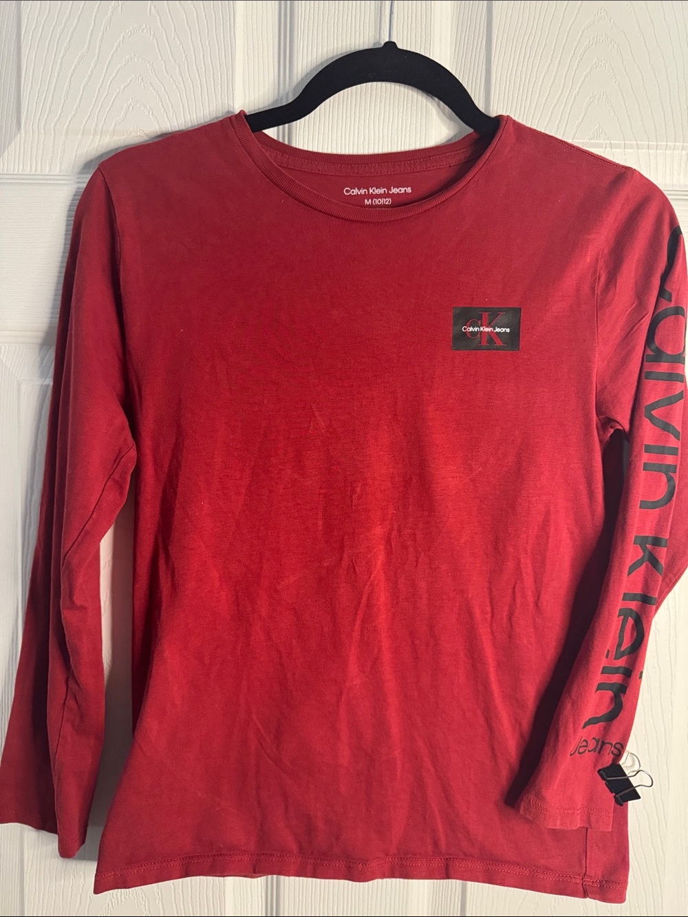 Calvin Klein Jeans Red Long-Sleeve Logo Tee with Sleeve Script